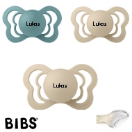 BIBS Couture Sutter med navn str2, 1 Island Sea, 2 Vanilla, Anatomisk Silikone, Pakke med 3 sutter